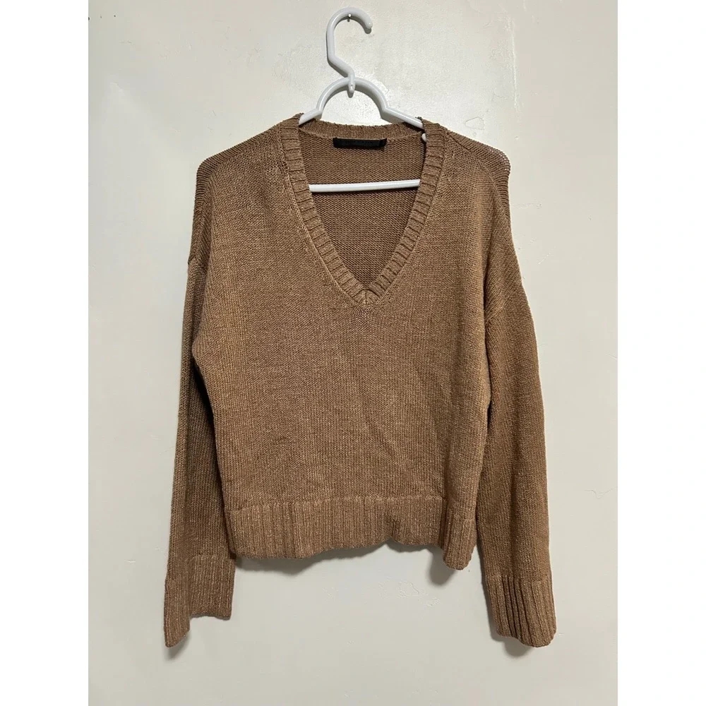 Jenni Kayne Linen Dylan‎ Sweater Blend V Neck Sweater Brown xs